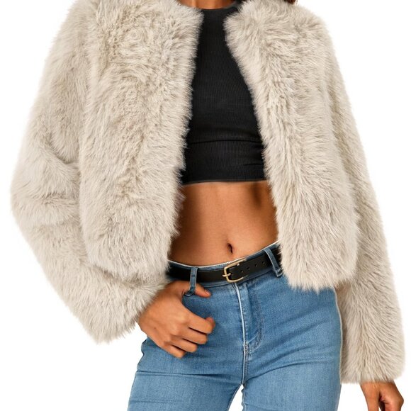 Women's Faux Fur Cropped Jacket Fluffy Shaggy Outerwear with Pockets